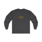TRUST THE RUST chest badge on a dark heather long sleeve