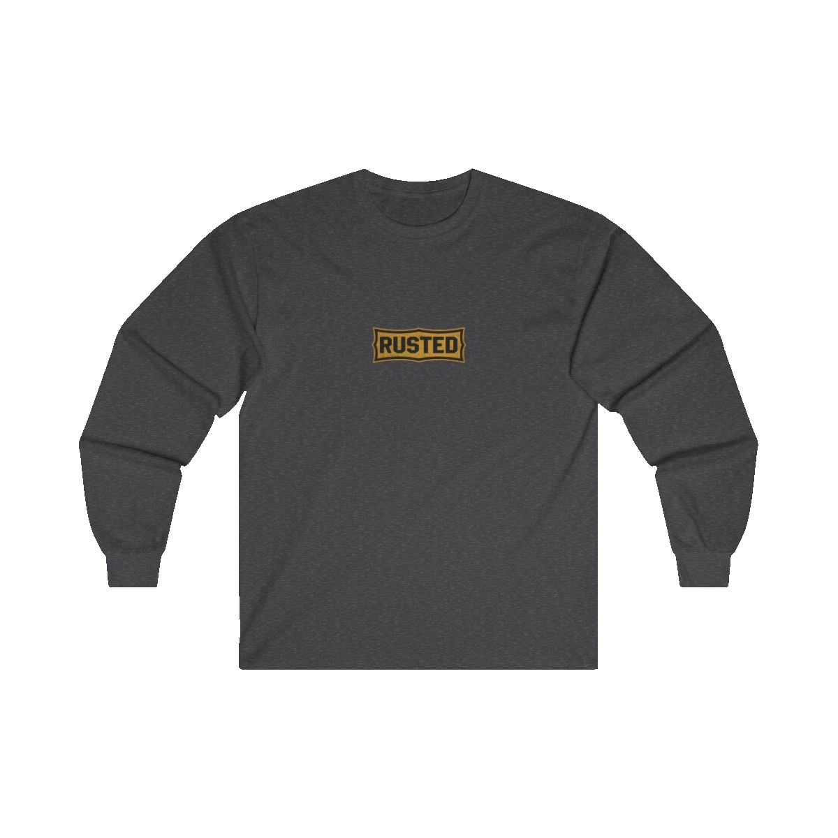 TRUST THE RUST chest badge on a dark heather long sleeve