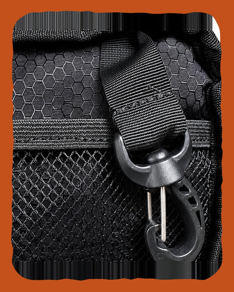 Swivel key clip and hex-weave lined mesh pocket