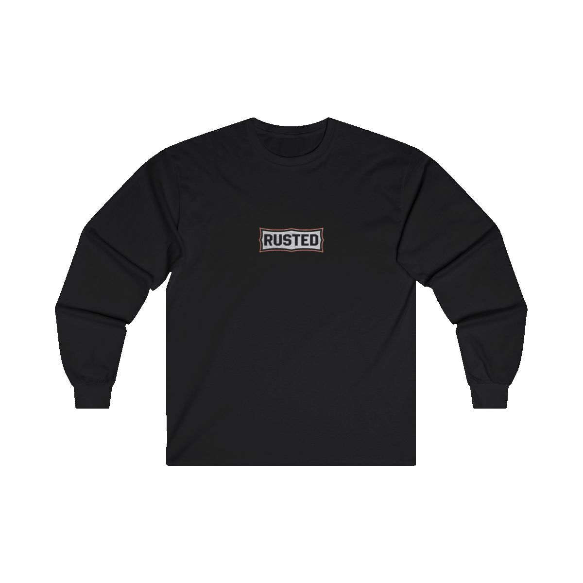TRUST THE RUST chest badge on a black long sleeve