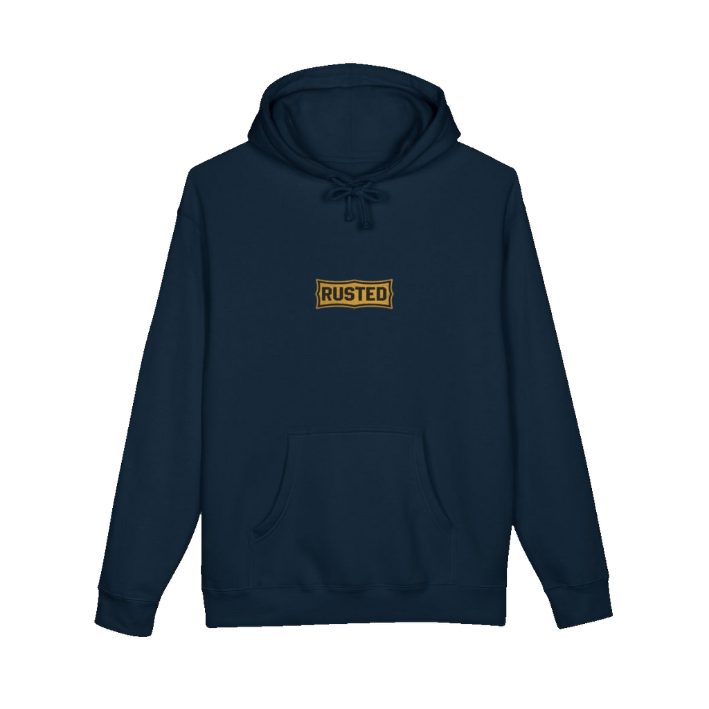 TRUST THE RUST chest badge on a navy hoodie