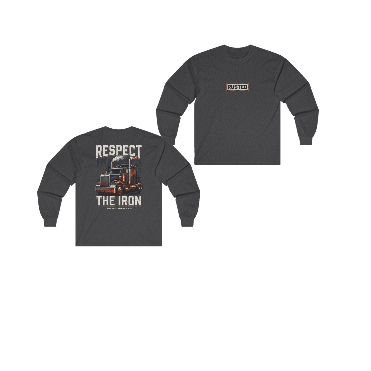 RESPECT THE IRON conventional semi dark heather long sleeve, front and back