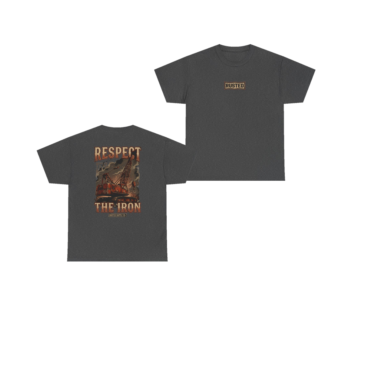 RESPECT THE IRON crawler crane dark heather tee, front and back
