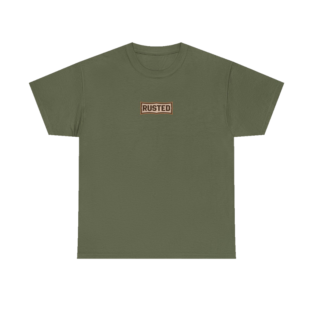 TRUST THE RUST chest badge on a military green tee