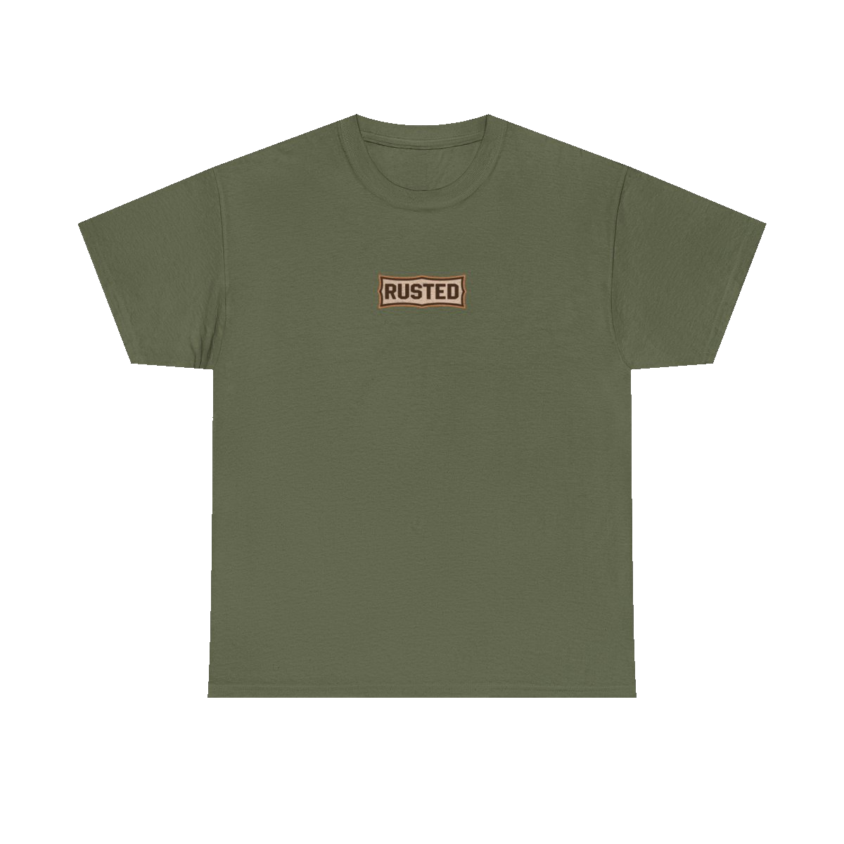 TRUST THE RUST chest badge on a military green tee