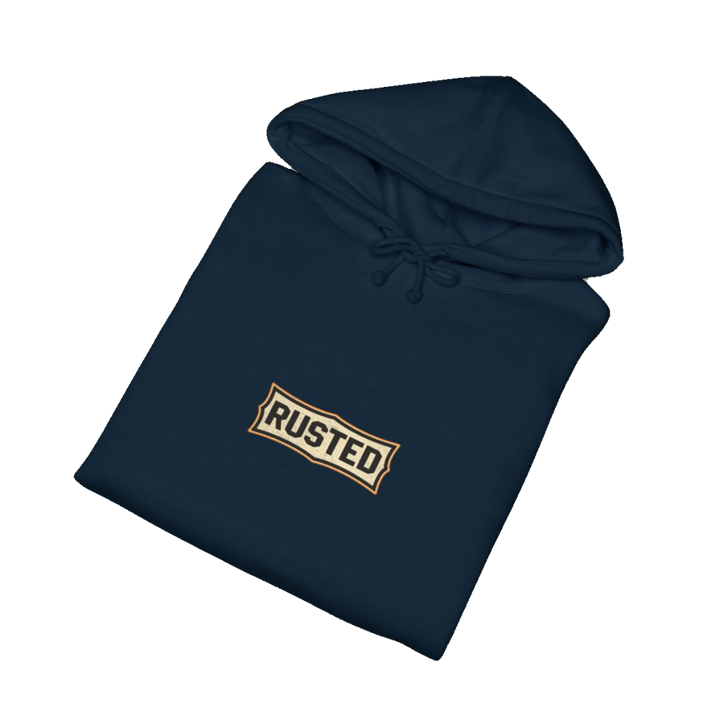 Folded navy RESPECT THE IRON crawler dozer hoodie