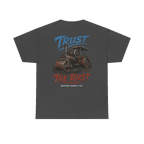 TRUST THE RUST steam roller back print on a dark heather tee