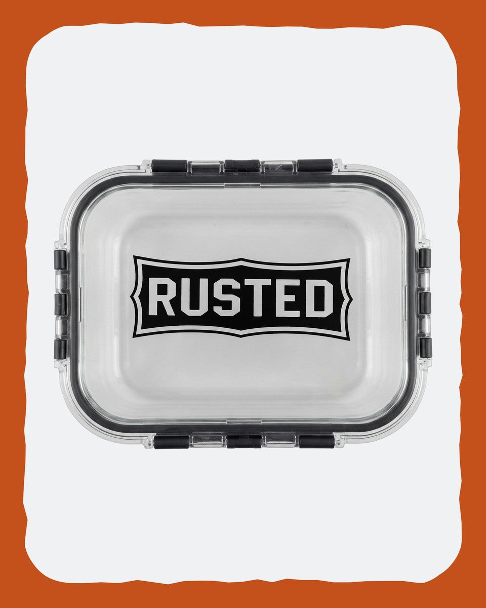 RUSTED Crew Container Large, flat top-down view of the closed lid and clamps