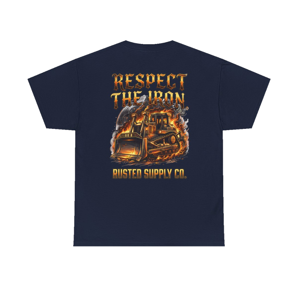 RESPECT THE IRON crawler dozer back print on a navy tee