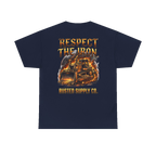 RESPECT THE IRON crawler dozer back print on a navy tee