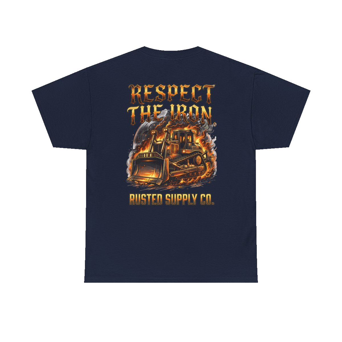 RESPECT THE IRON crawler dozer back print on a navy tee