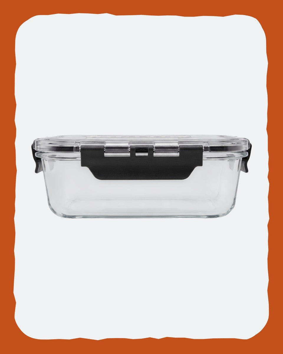 RUSTED Crew Container Large, straight-on side profile showing the glass depth and the black flip clamp