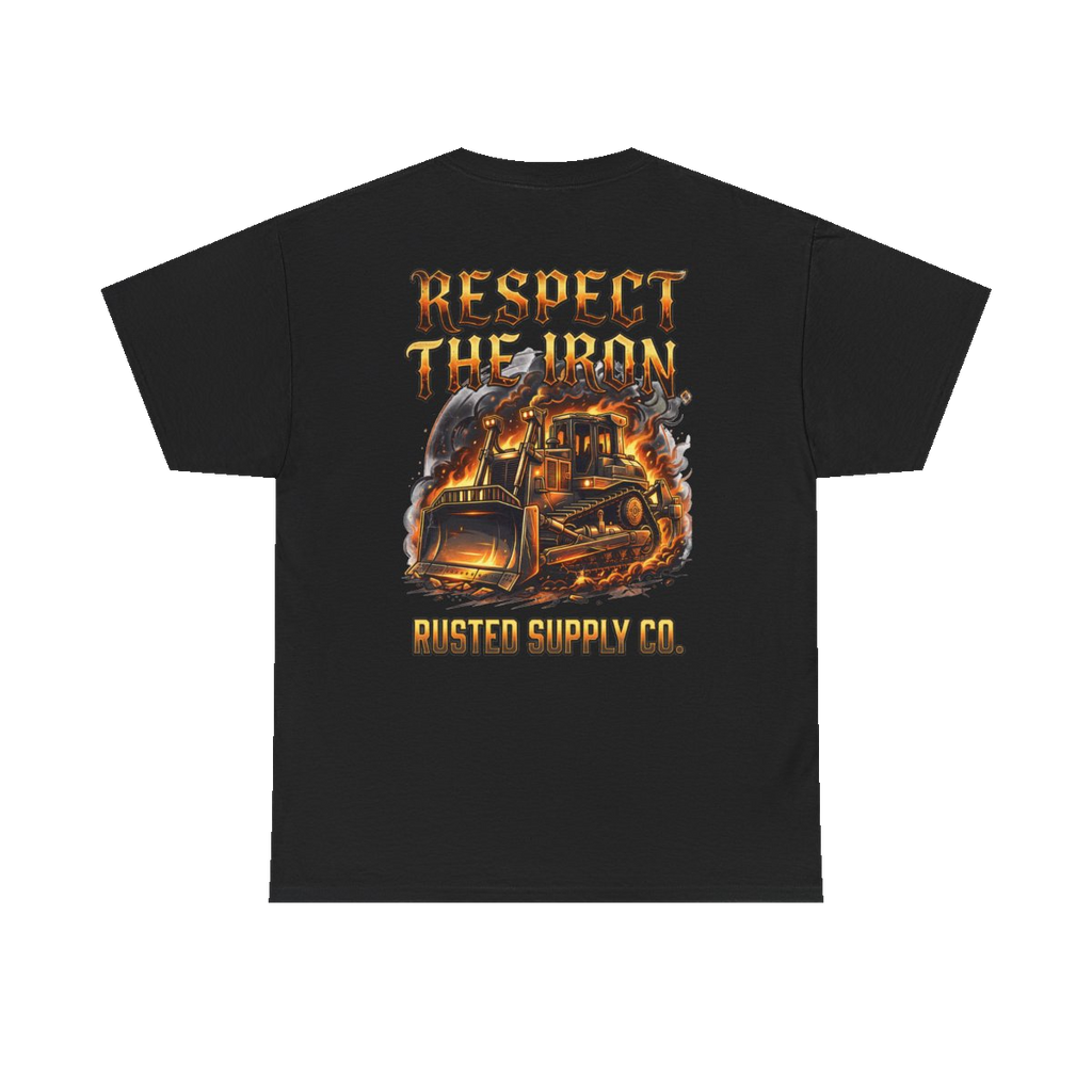 RESPECT THE IRON crawler dozer back print on a black tee