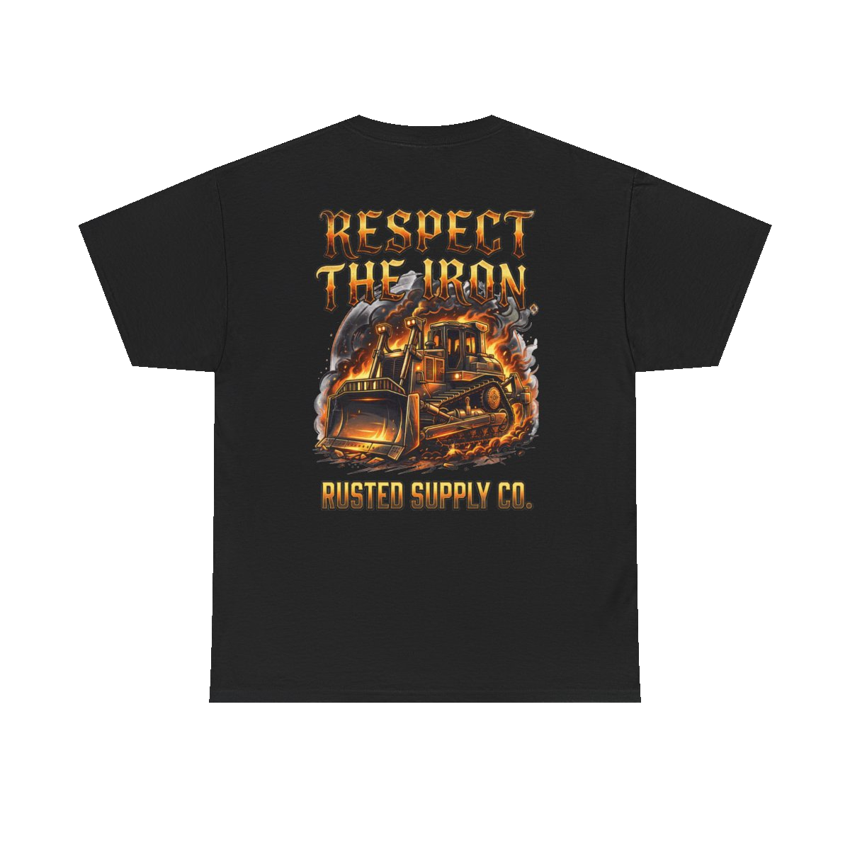 RESPECT THE IRON crawler dozer back print on a black tee