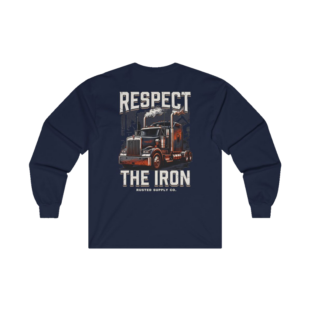 RESPECT THE IRON conventional semi back print on a navy long sleeve