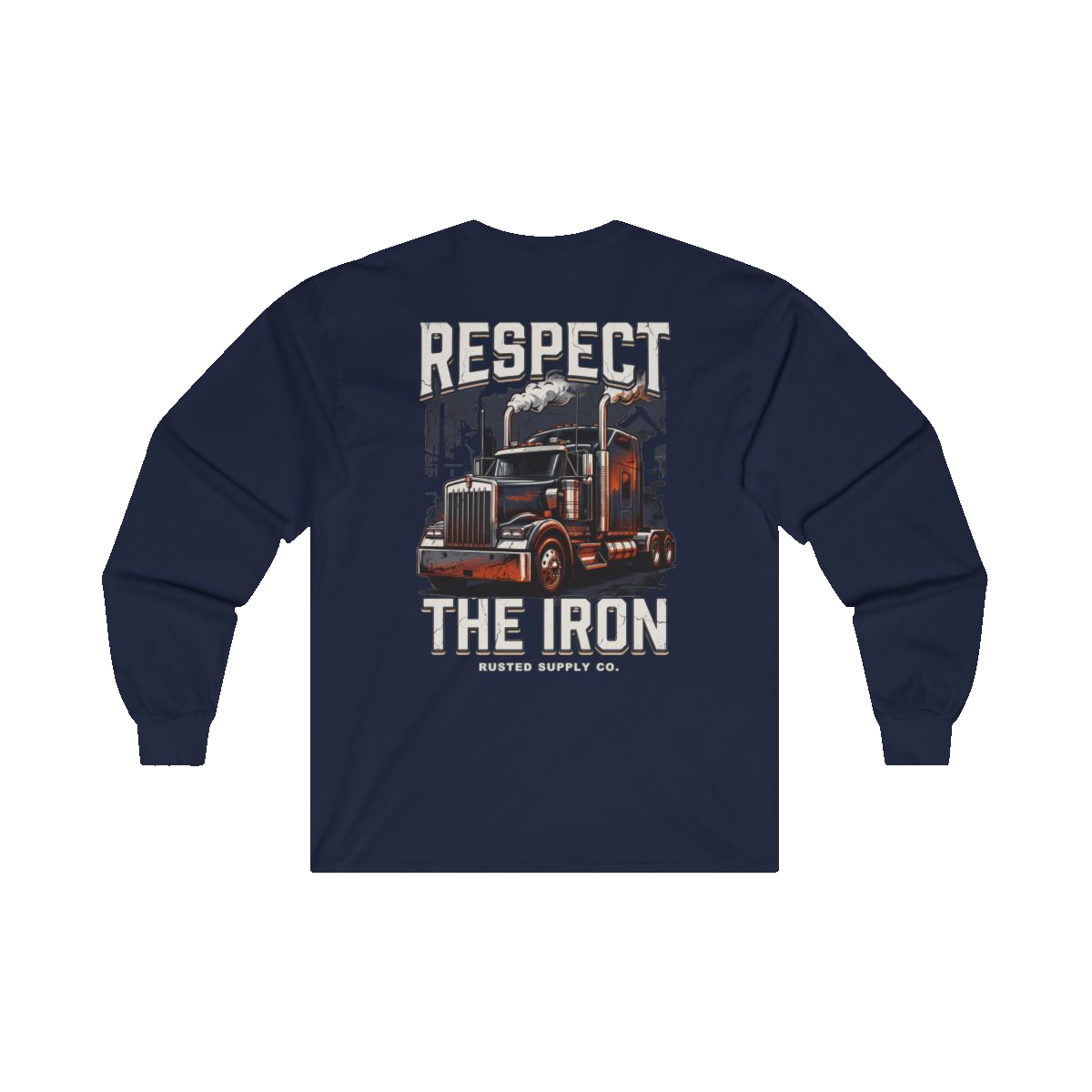 RESPECT THE IRON conventional semi back print on a navy long sleeve