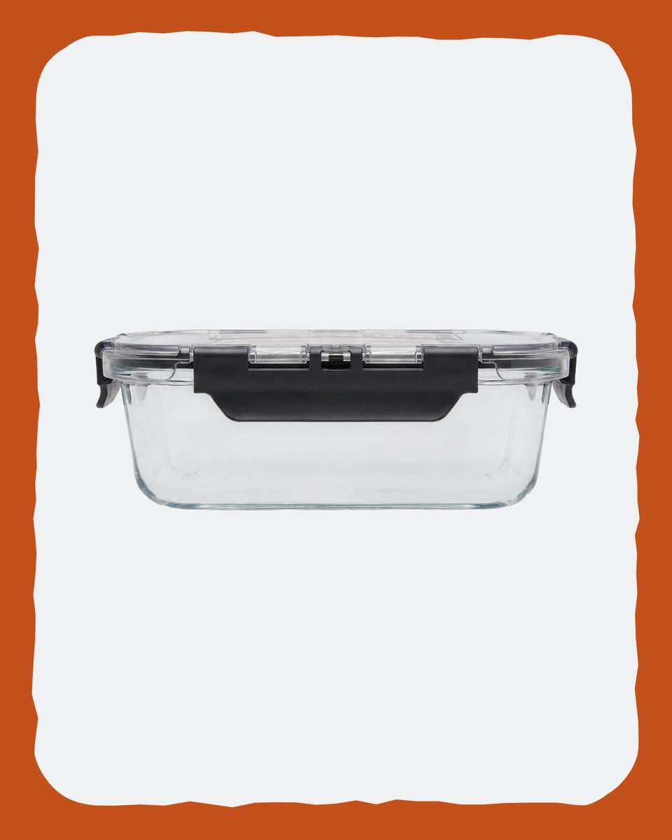 RUSTED Crew Container Medium, straight-on side profile showing the glass depth and the black flip clamp