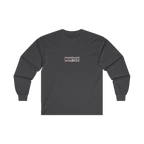 TRUST THE RUST chest badge on a dark heather long sleeve