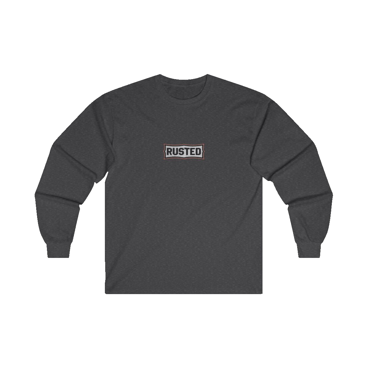 TRUST THE RUST chest badge on a dark heather long sleeve