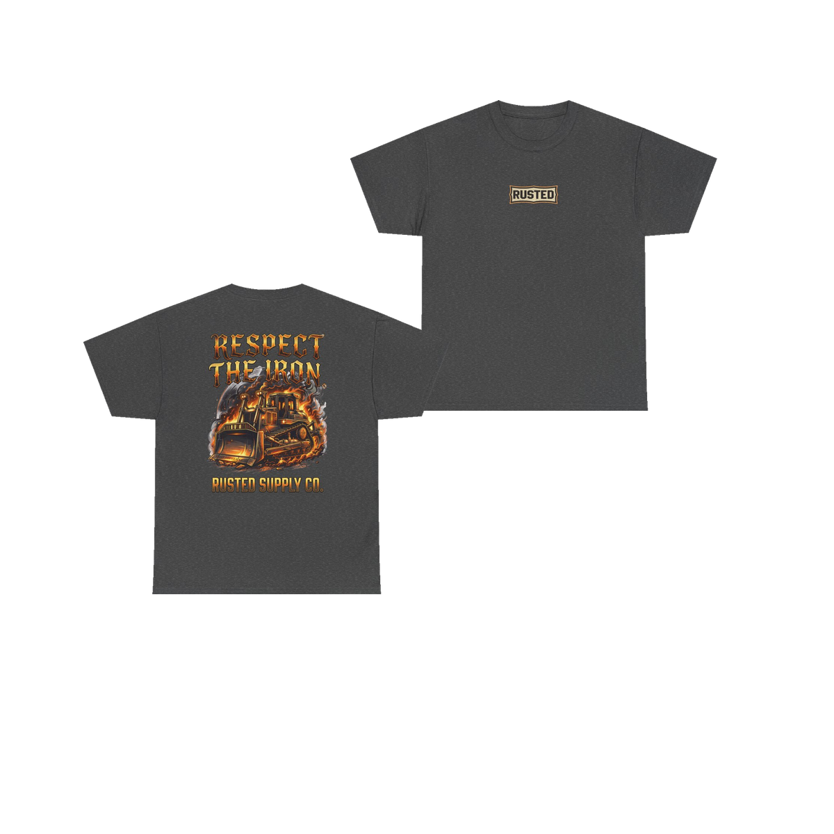 RESPECT THE IRON crawler dozer dark heather tee, front and back