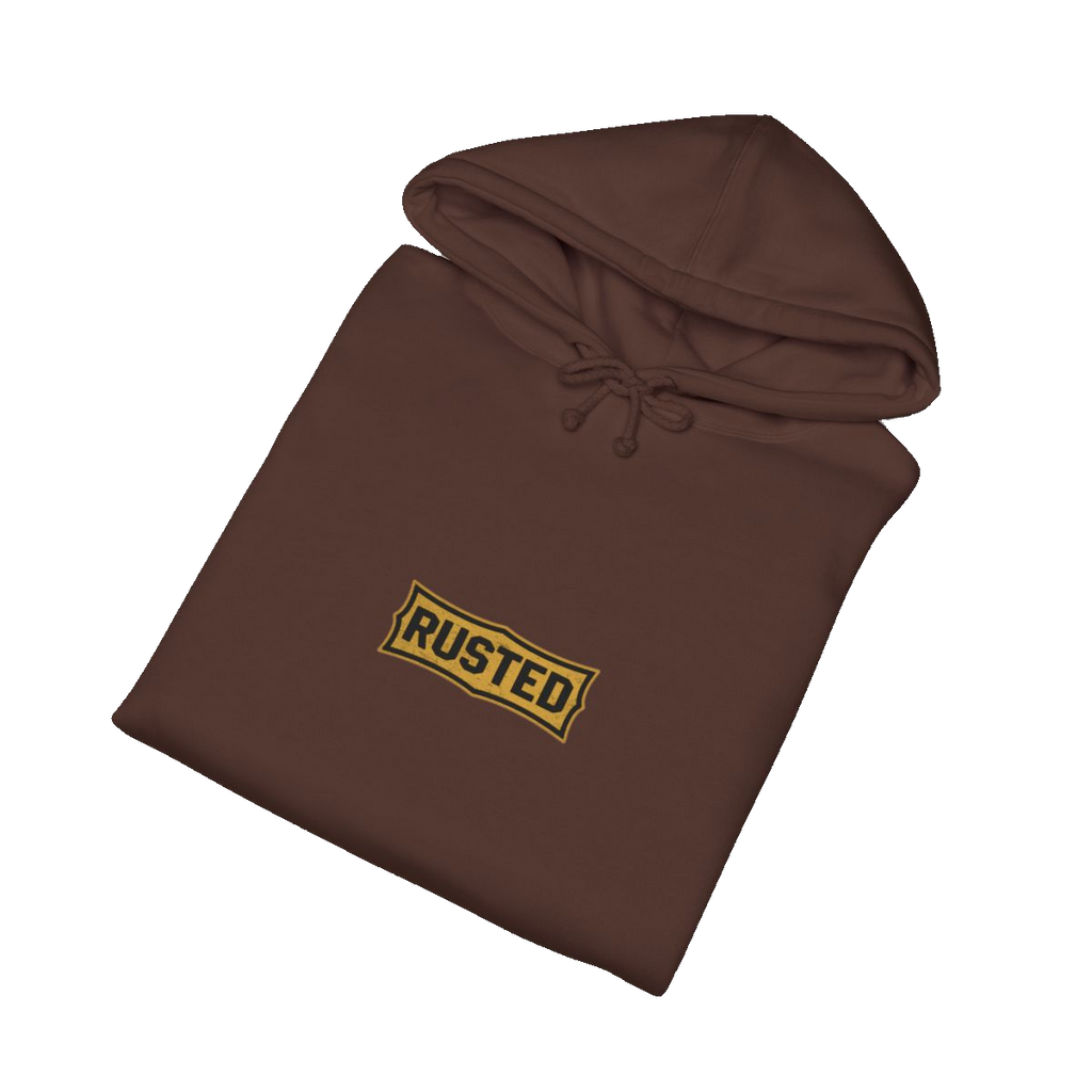 Folded brown TRUST THE RUST motor grader hoodie