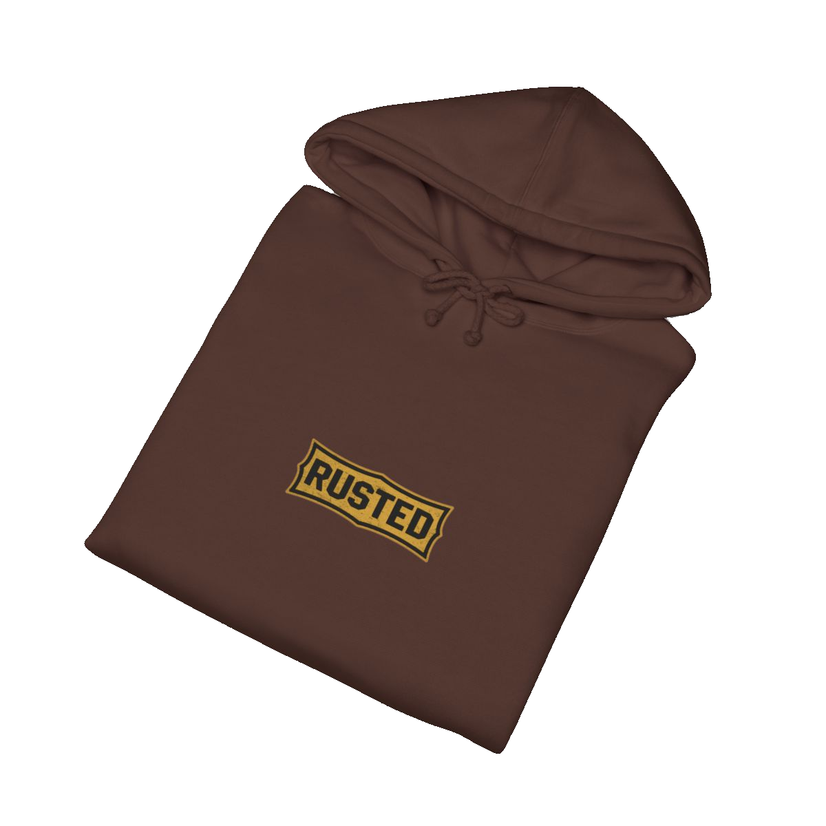 Folded brown TRUST THE RUST motor grader hoodie