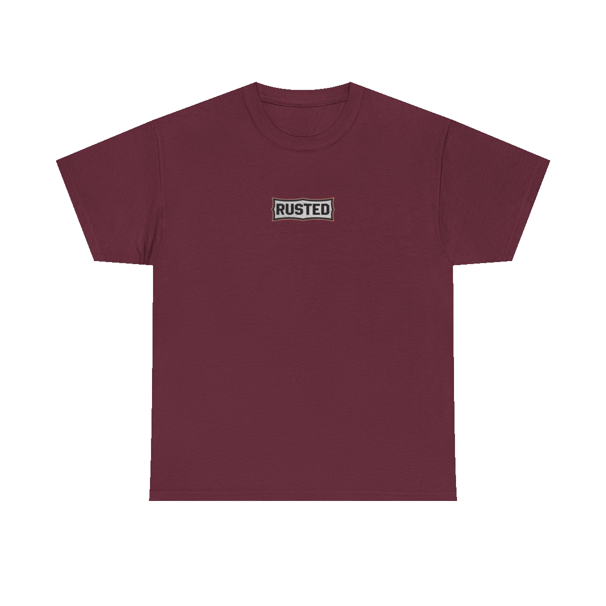 TRUST THE RUST chest badge on a maroon tee