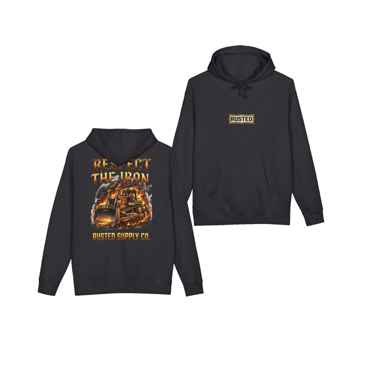 RESPECT THE IRON crawler dozer charcoal heather hoodie, front and back