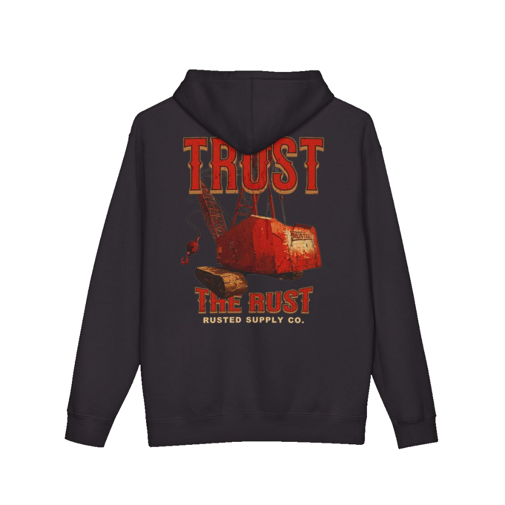 TRUST THE RUST dragline crane back print on a black hoodie