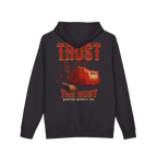 TRUST THE RUST dragline crane back print on a black hoodie