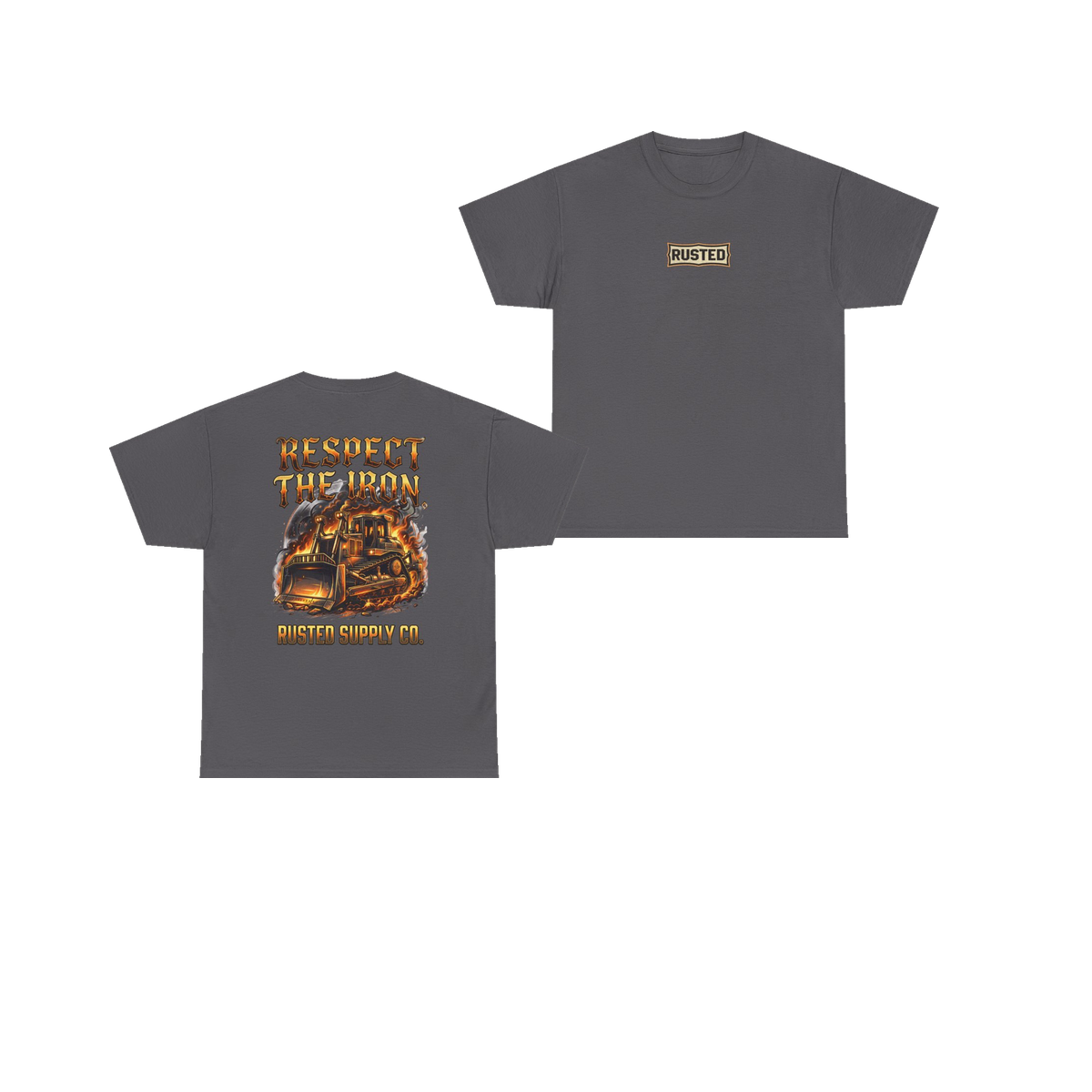 RESPECT THE IRON crawler dozer charcoal tee, front and back