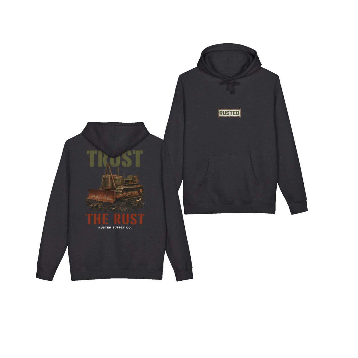 TRUST THE RUST cable dozer charcoal heather hoodie, front and back