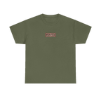 TRUST THE RUST chest badge on a military green tee