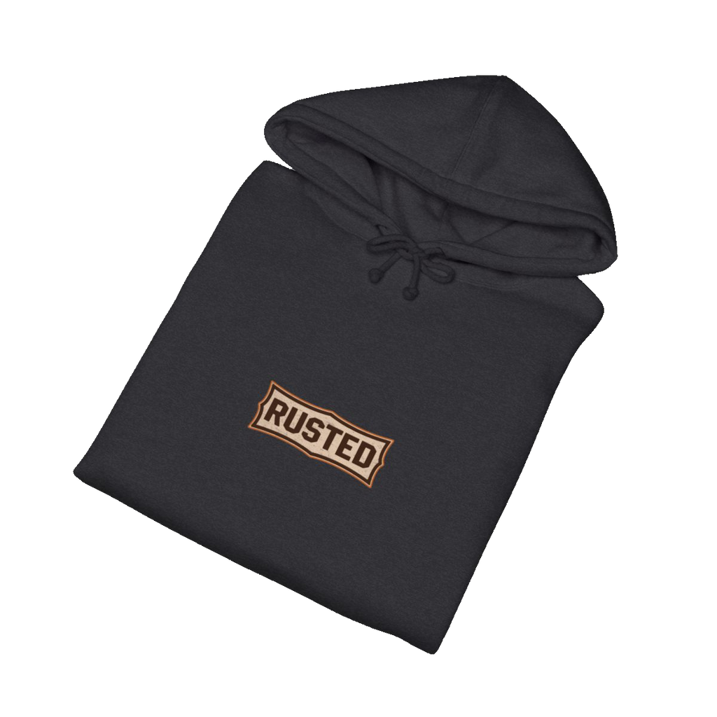 Folded charcoal heather TRUST THE RUST blade dozer hoodie
