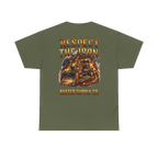 RESPECT THE IRON crawler dozer back print on a military green tee