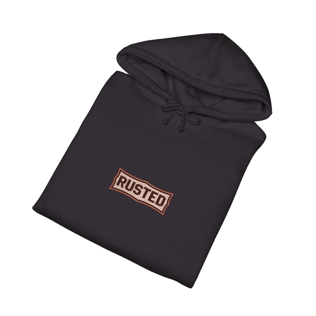 Folded black TRUST THE RUST dragline crane hoodie