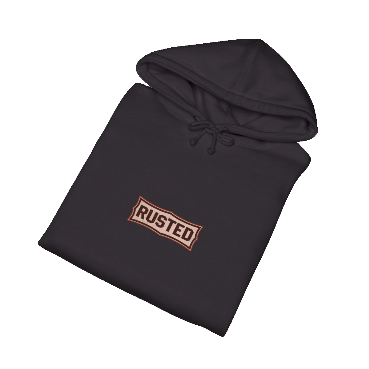 Folded black TRUST THE RUST dragline crane hoodie