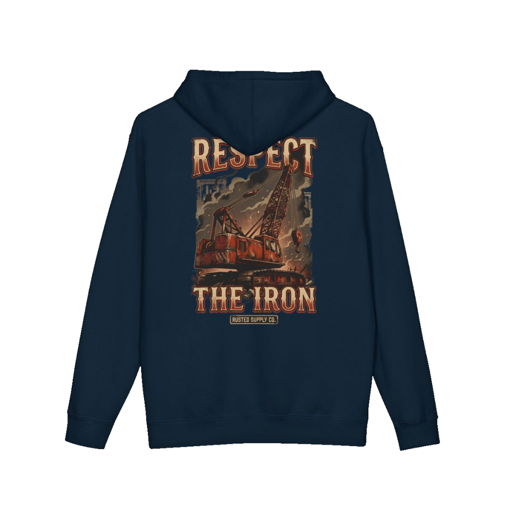 RESPECT THE IRON crawler crane back print on a navy hoodie