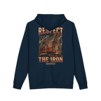 RESPECT THE IRON crawler crane back print on a navy hoodie
