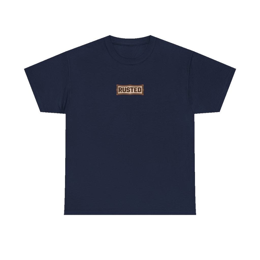 TRUST THE RUST chest badge on a navy tee