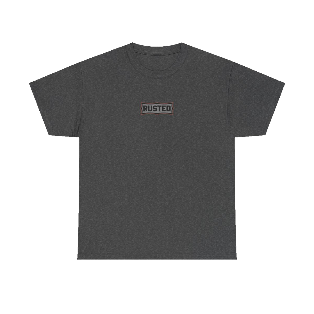 TRUST THE RUST chest badge on a dark heather tee