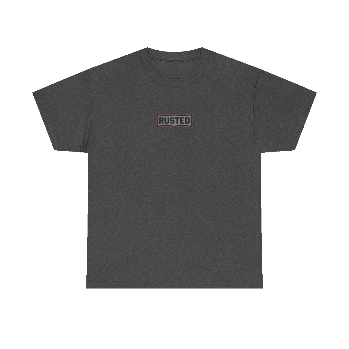 TRUST THE RUST chest badge on a dark heather tee