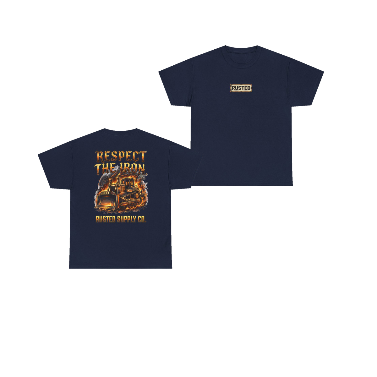 RESPECT THE IRON crawler dozer navy tee, front and back