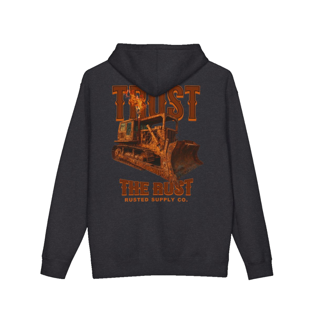 TRUST THE RUST blade dozer back print on a charcoal heather hoodie