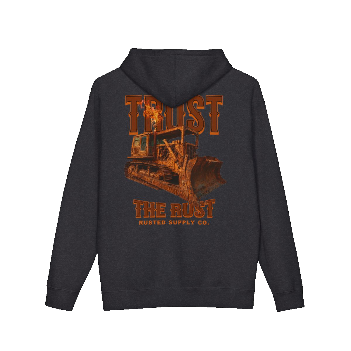 TRUST THE RUST blade dozer back print on a charcoal heather hoodie