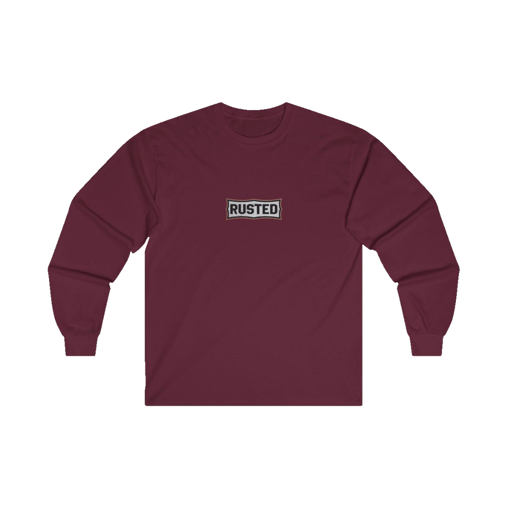 TRUST THE RUST chest badge on a maroon long sleeve