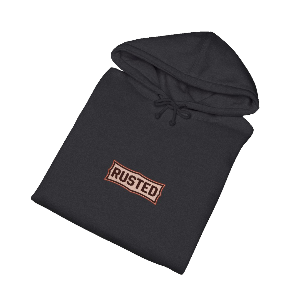 Folded charcoal heather TRUST THE RUST dragline crane hoodie