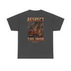 RESPECT THE IRON crawler crane back print on a dark heather tee
