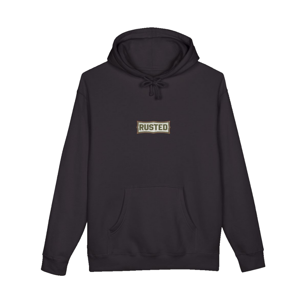 TRUST THE RUST chest badge on a black hoodie