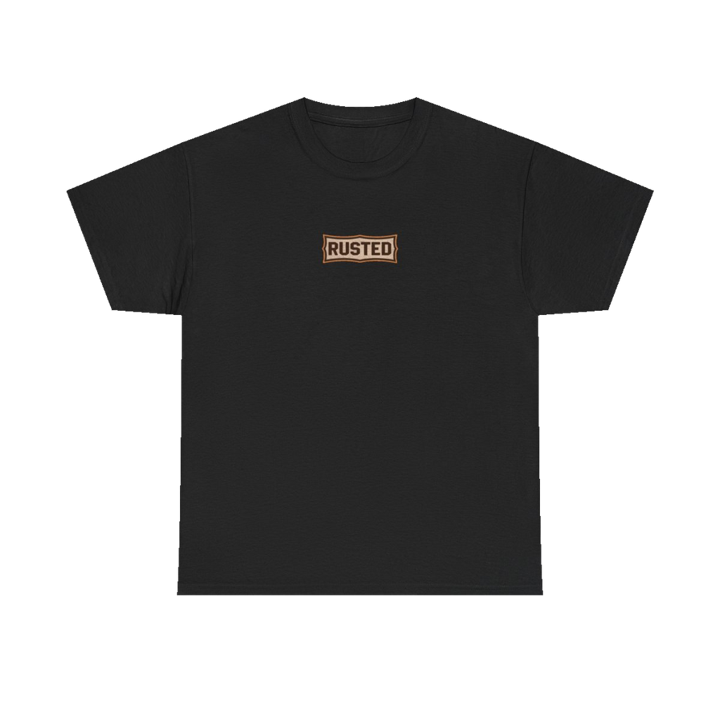 TRUST THE RUST chest badge on a black tee
